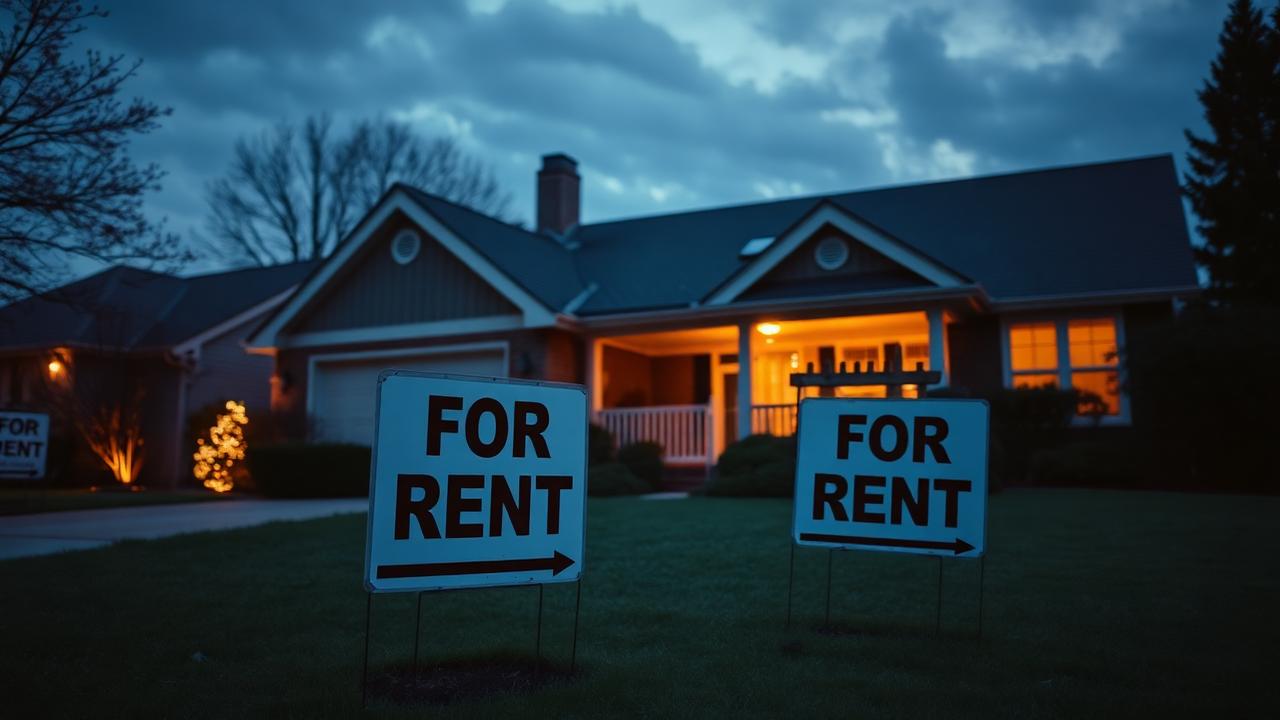Suburban home at dusk with For Rent signs in the yard suggesting a rental scam