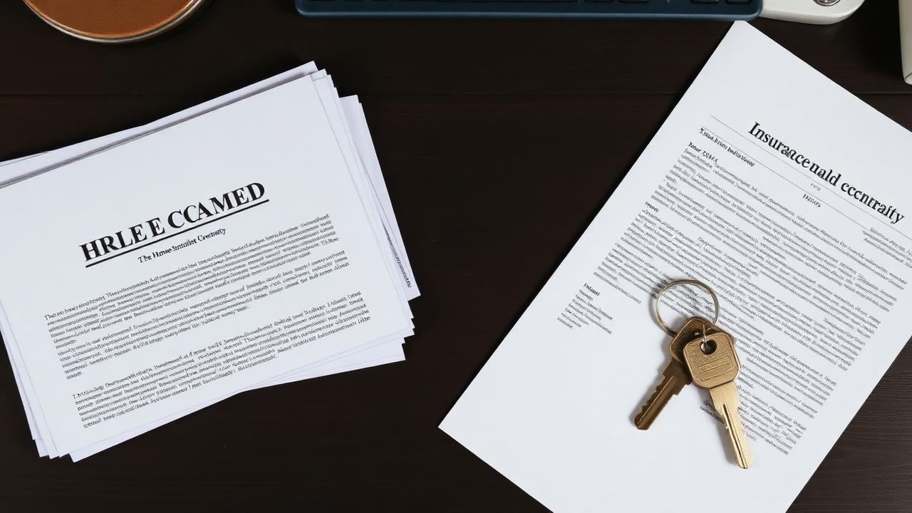 Top-down view of organized home ownership documents, keys, and a deed on a dark wood desk