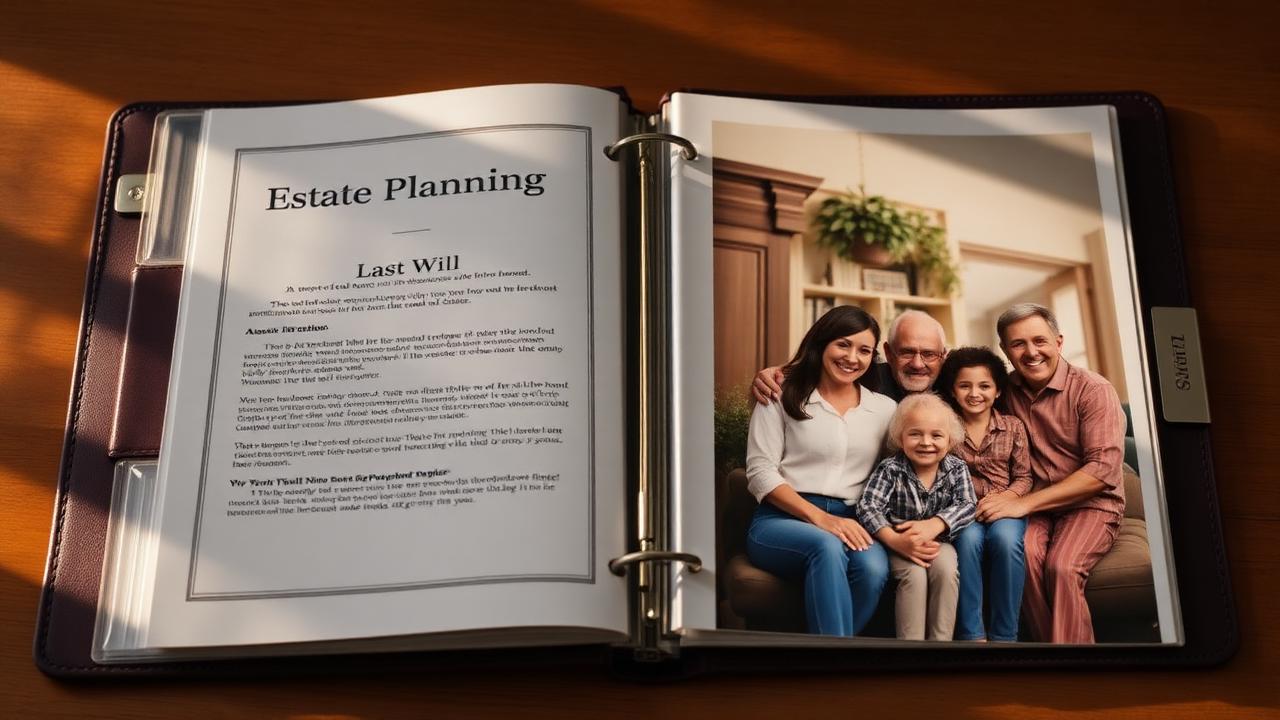 Estate planning binder with a last will document next to a multigenerational family photo