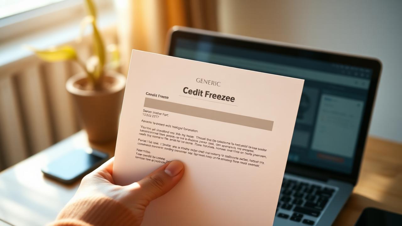 Person holding a credit freeze letter at a desk with a laptop in the background