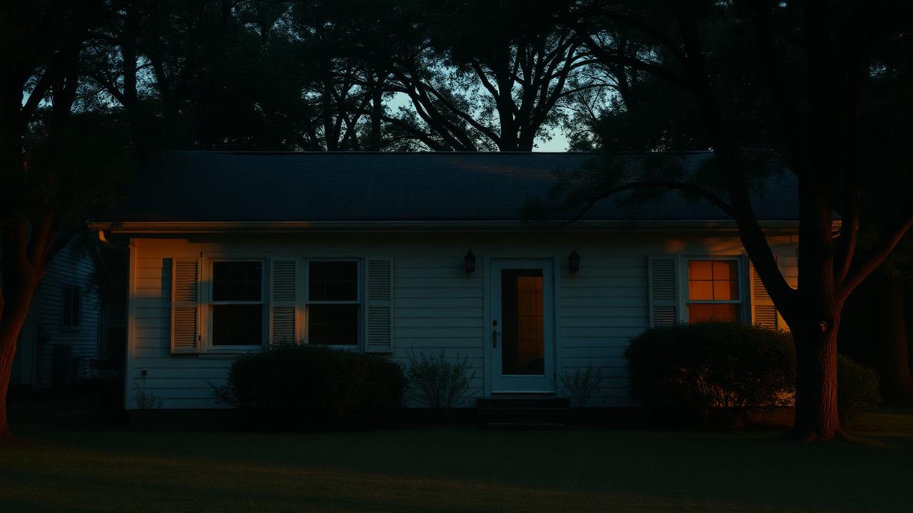 Empty vacation home with shuttered windows at dusk surrounded by trees