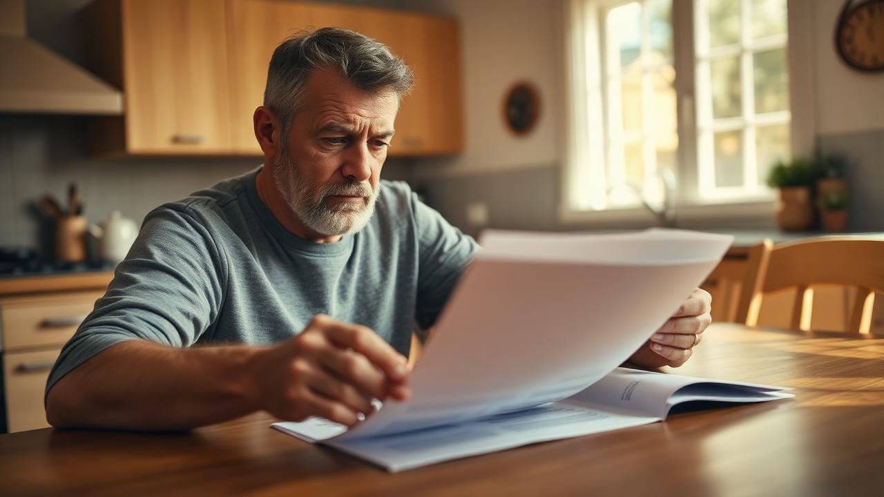 Homeowner reviewing a property deed document at a kitchen table