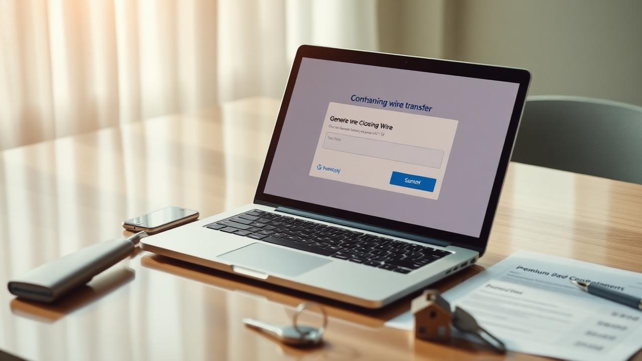 Laptop showing a wire transfer screen on a closing day desk with keys and contracts